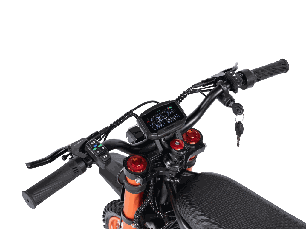 GT54 Electric Mini Motorbike black handlebars with digital display, red suspension, key ignition, and textured seat