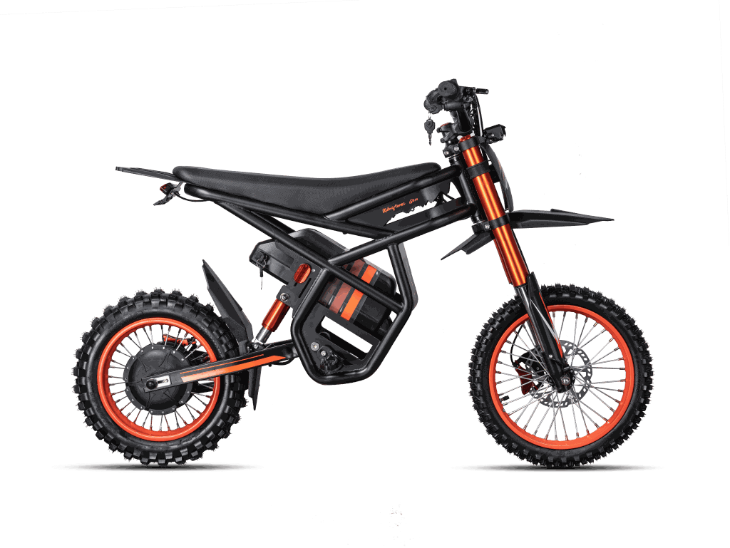 GT54 Electric Mini Motorbike in black with bright orange accents, knobby tires, and a compact motocross-style frame