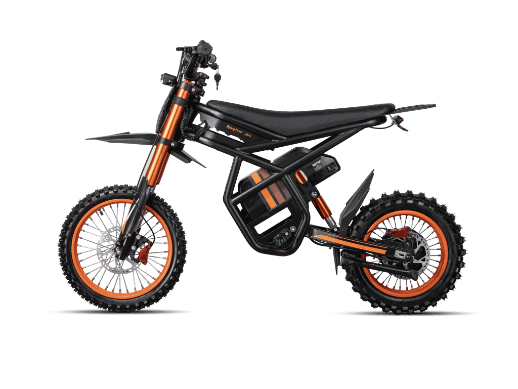 GT54 Electric Mini Motorbike with black frame and orange accents, knobby tires, and rugged off-road design
