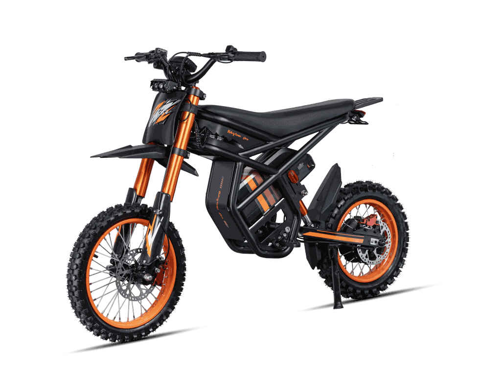 GT54 Electric Mini Motorbike in black and orange with off-road tires, sturdy frame, and rear suspension for enhanced performance
