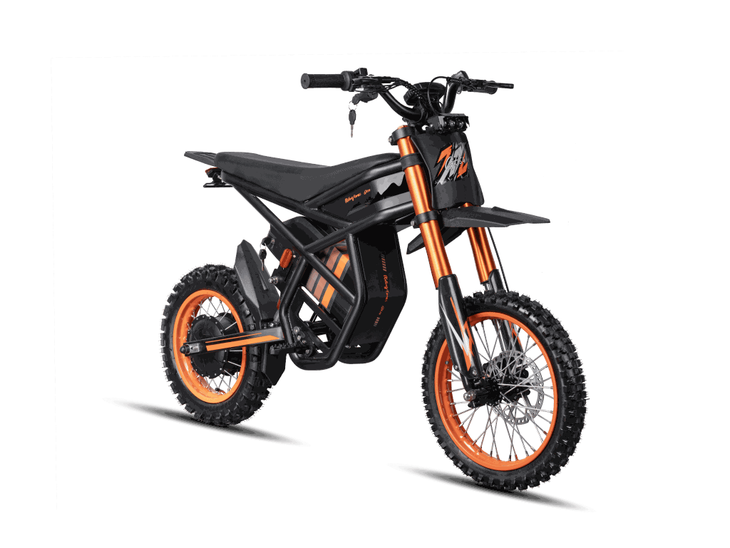 GT54 Electric Mini Motorbike in black with orange accents, featuring rugged tires, sturdy frame, and off-road design