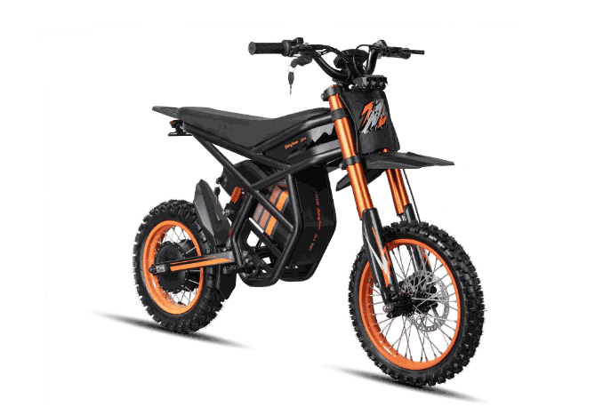 GT54 Electric Mini Motorbike with black frame and orange accents, knobby tires, and rugged off-road design