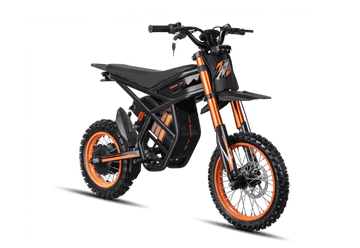 GT54 Electric Mini Motorbike with black frame and orange accents, knobby tires, and rugged off-road design