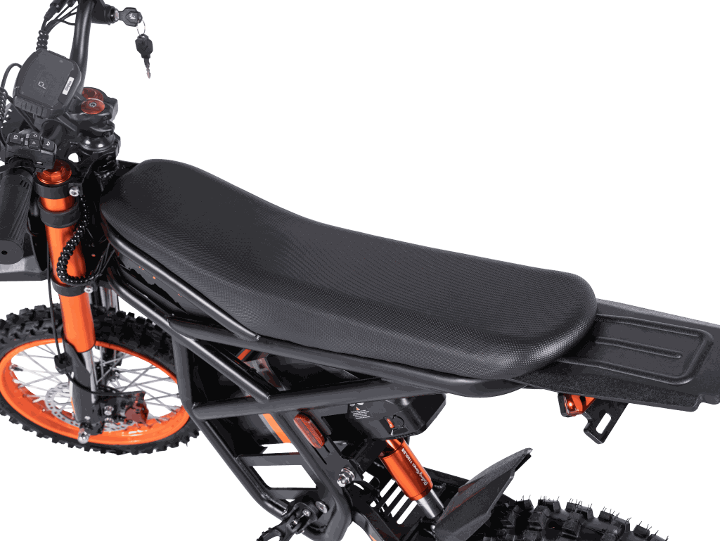GT54 Electric Mini Motorbike with black textured seat, orange front forks, and rugged tires designed for off-road use