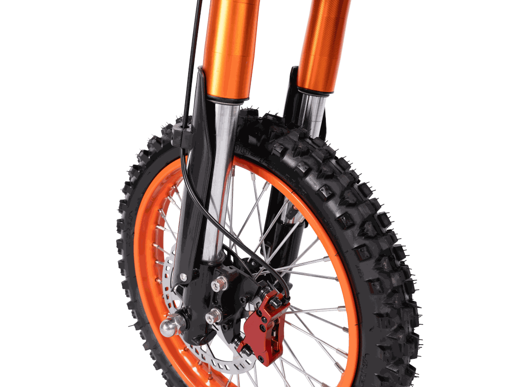 GT54 Electric Mini Motorbike front wheel with knobby black tire, orange rim, silver spokes, and black suspension forks