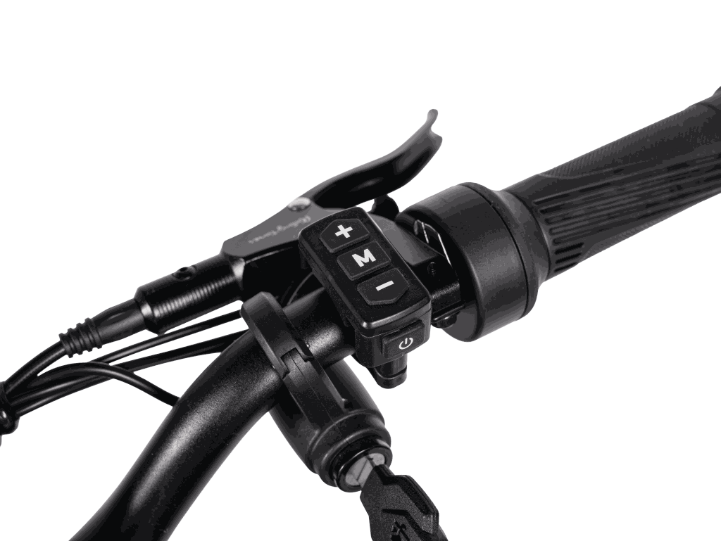 GT54 Electric Mini Motorbike black handlebar throttle with control buttons and brake lever in plastic and metal