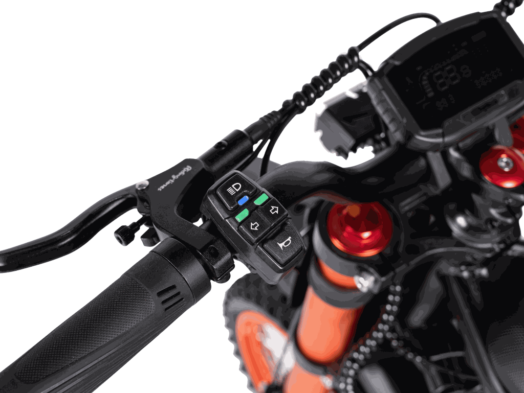 GT54 Electric Mini Motorbike handlebar with black grip, control switches for lights and horn, and orange suspension fork visible