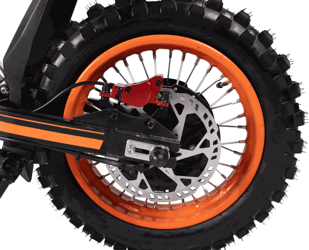GT54 Electric Mini Motorbike rear wheel with black knobby tire, orange rim, red disc brake caliper, and silver disc rotor