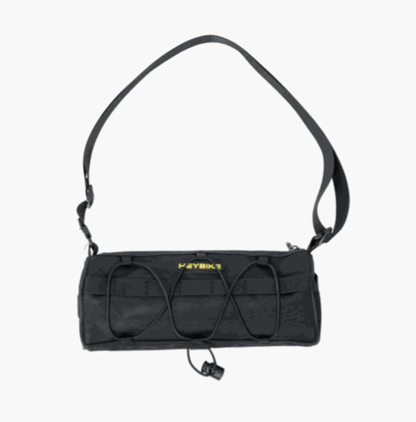 Heybike Villain black cross body bag with yellow logo, adjustable strap, and elastic bungee front design