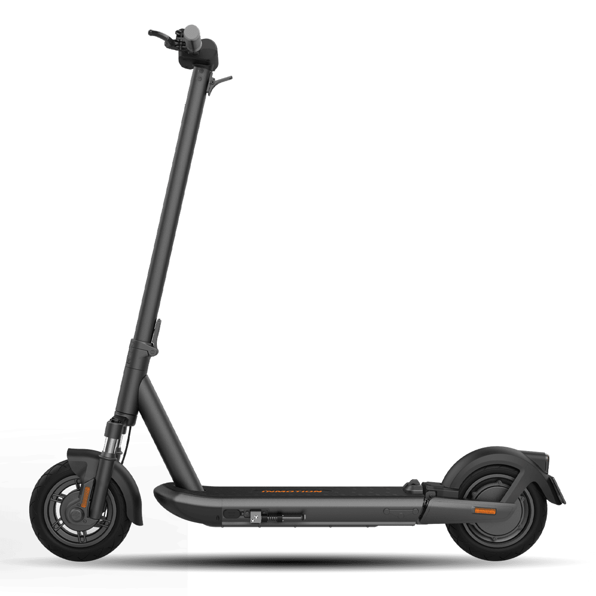 Close-up of Inmotion S1F automatic turn signals and bright LED headlight active during evening riding