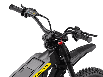 Jasion Patrol 52 electric dirt bike black frame with yellow accents, textured hand grips, and digital display on handlebars