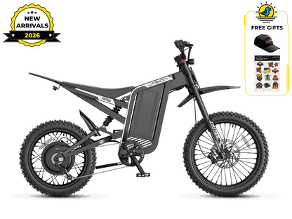 Jasion Patrol 52 electric dirt bike in black with rugged tires, full suspension, and a robust frame for off-road performance