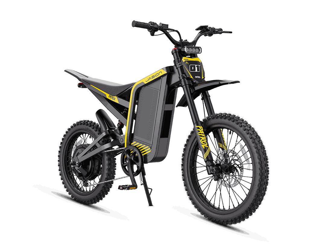 Jasion Patrol 52 electric dirt bike in black with rugged tires, full suspension, and a robust frame for off-road performance