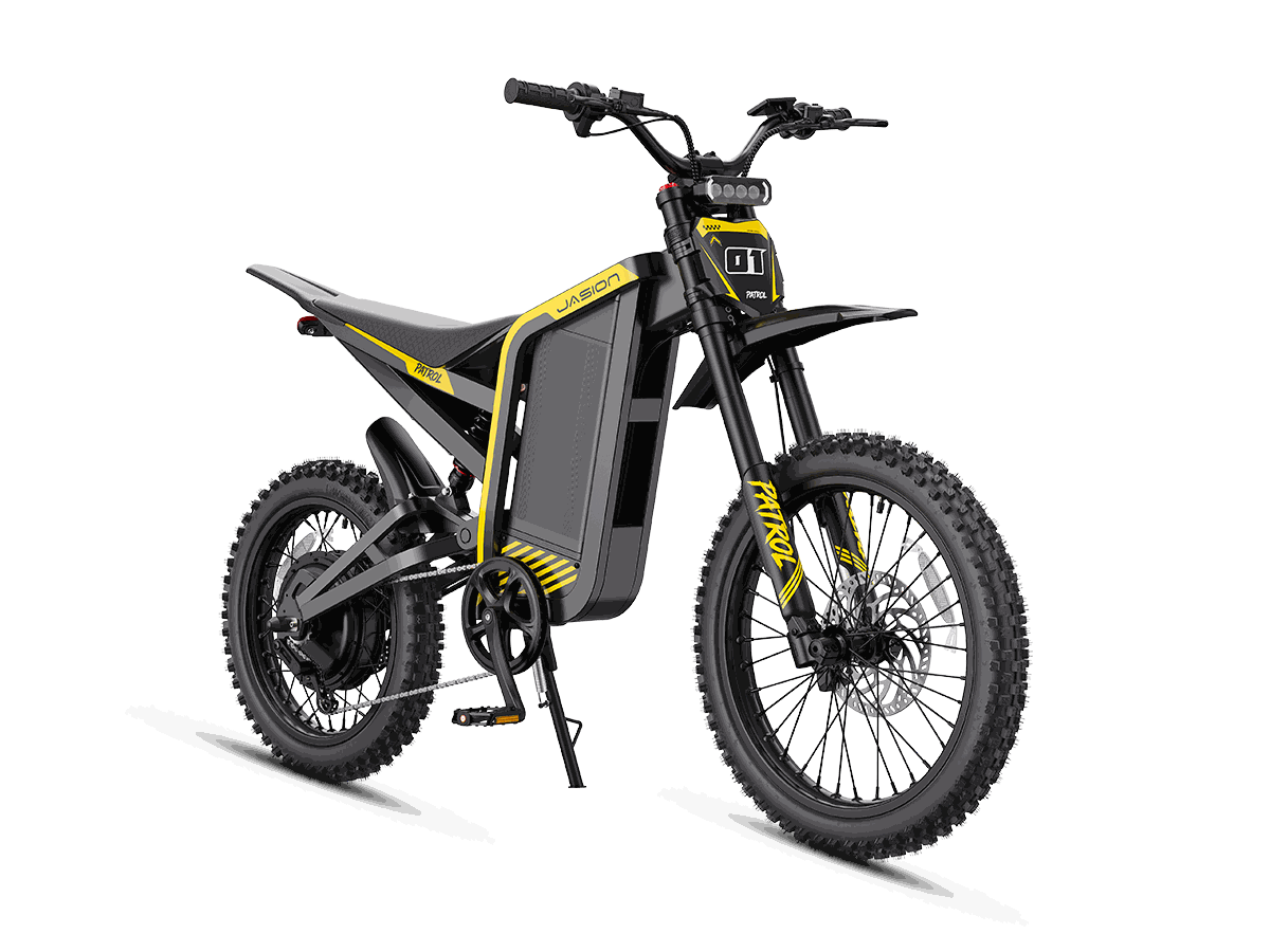 Jasion Patrol 52 electric dirt bike in black and yellow with rugged tires and full suspension system for off-road use