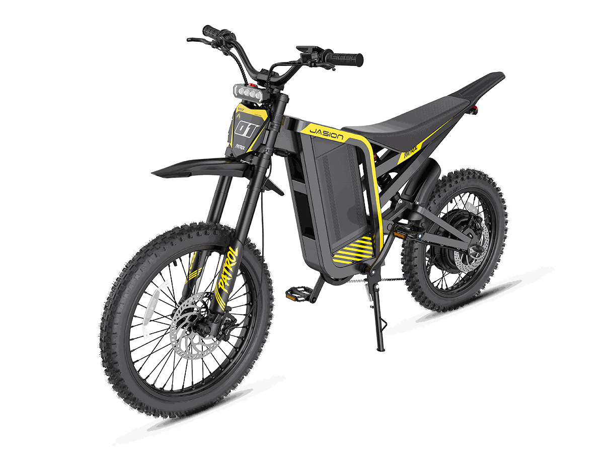 Jasion Patrol 52 electric dirt bike in black and yellow with full suspension, knobby tires, and hydraulic disc brakes