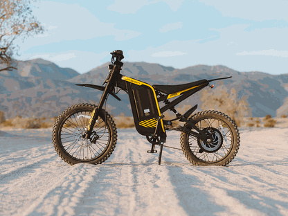 Jasion Patrol 52 electric dirt bike in black and yellow with rugged motorcycle-grade tires and full suspension system