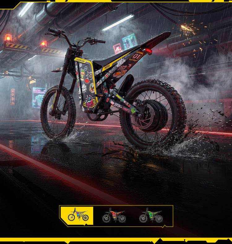 Jasion Patrol 52 electric dirt bike with black frame covered in colorful stickers, knobby tires, and off-road design