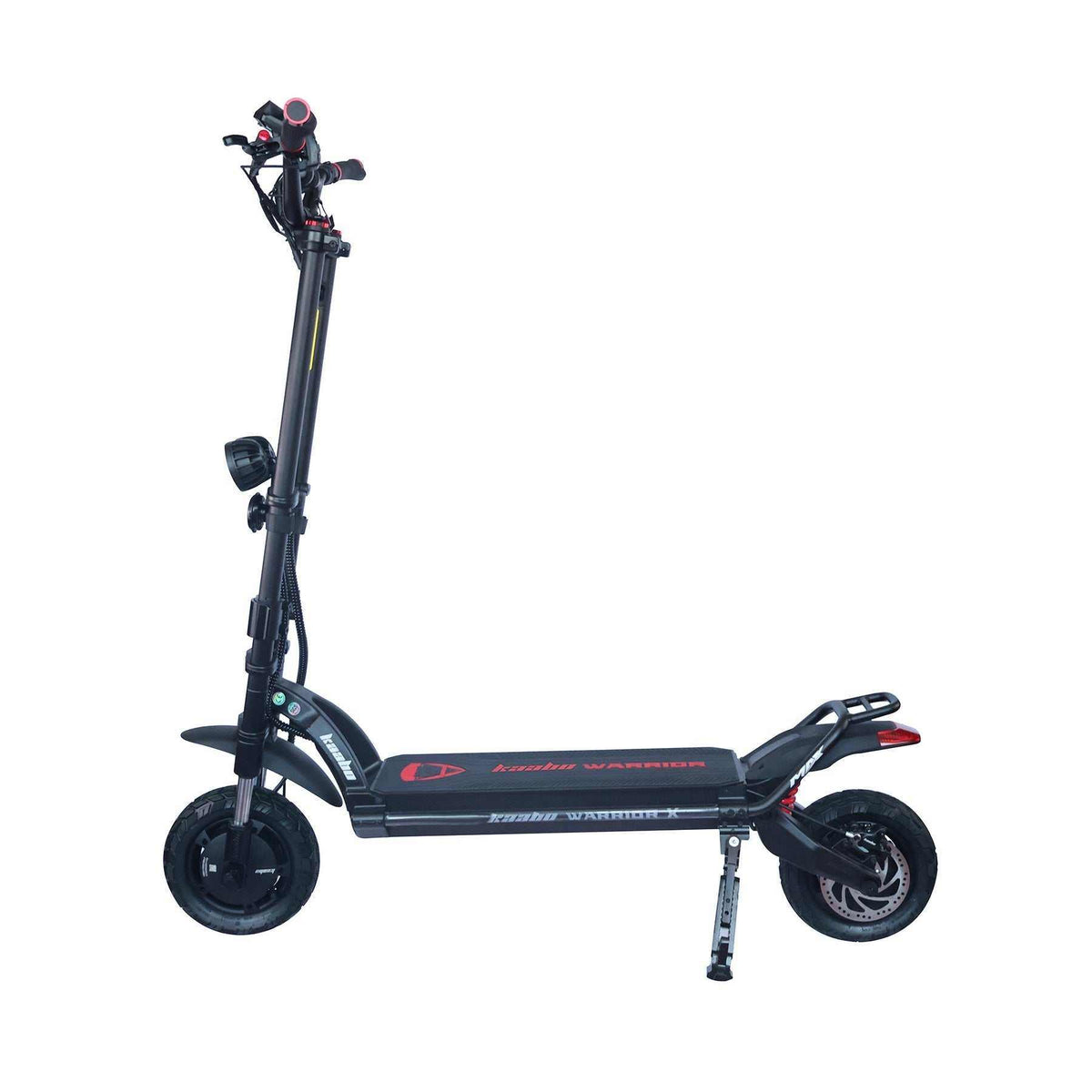 Kaabo Wolf Warrior X Max electric scooter in black with red accents, rugged frame, all-terrain tires, and front light