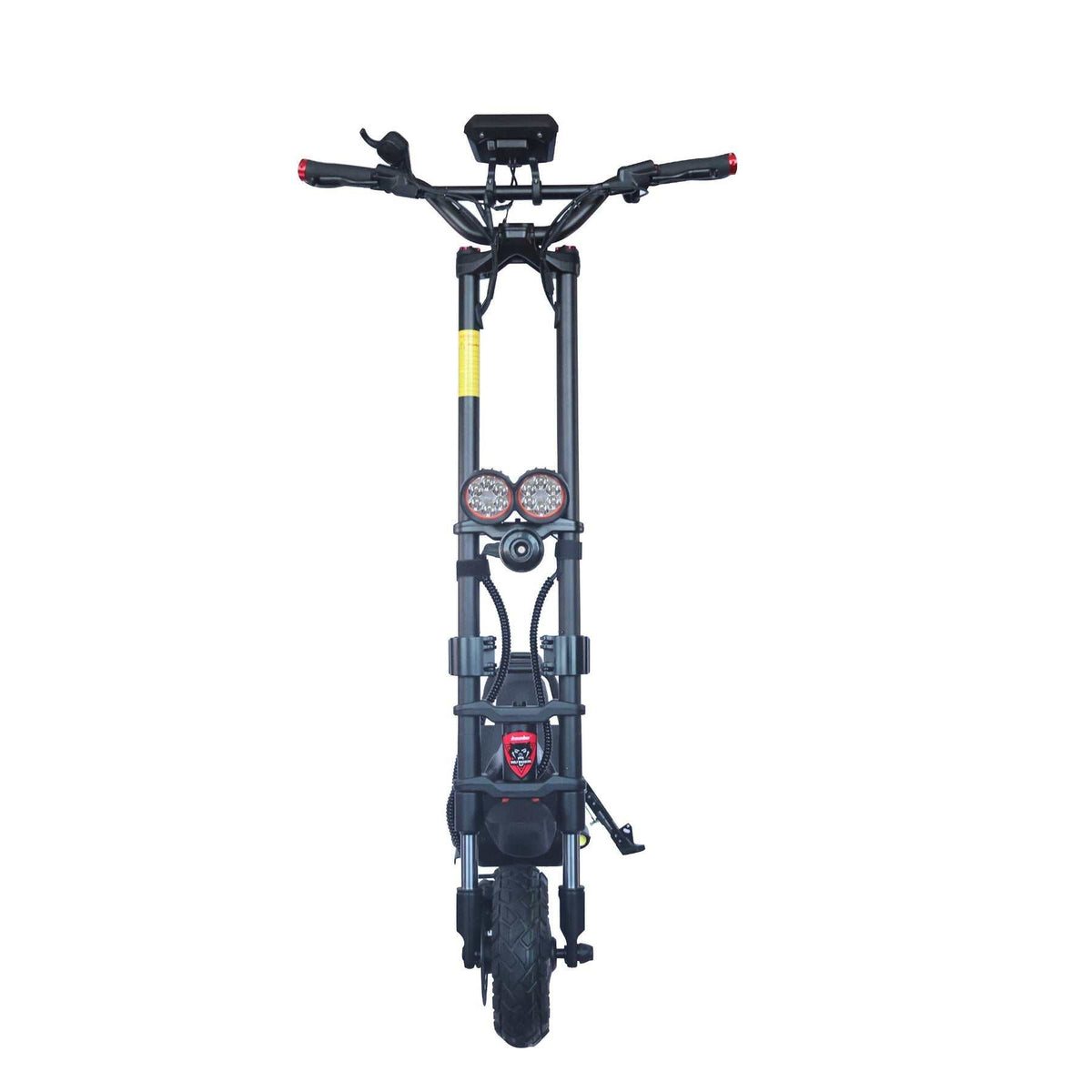 Kaabo Wolf Warrior X Max black electric scooter with dual front headlights, sturdy frame, and all-terrain tires