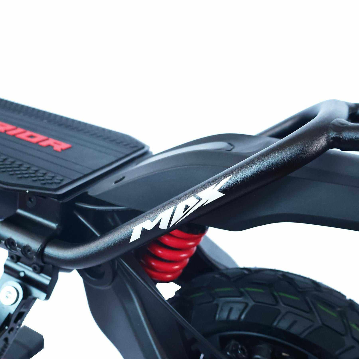 Kaabo Wolf Warrior X Max electric scooter rear section in black with red coil spring suspension and rugged 10-inch all-terrain tires