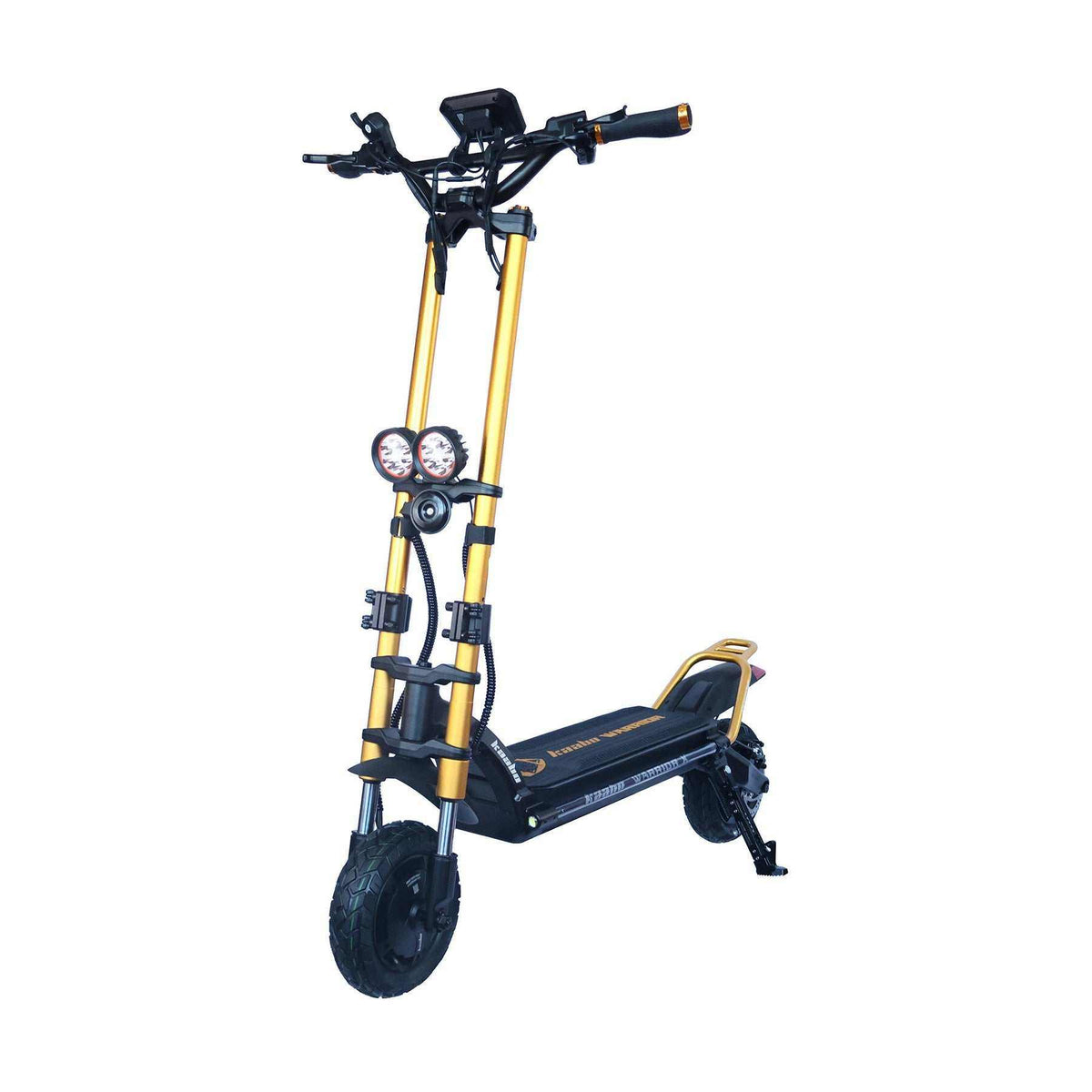 Kaabo Wolf Warrior X Max electric scooter with gold frame, dual front headlights, black deck, and rugged tires