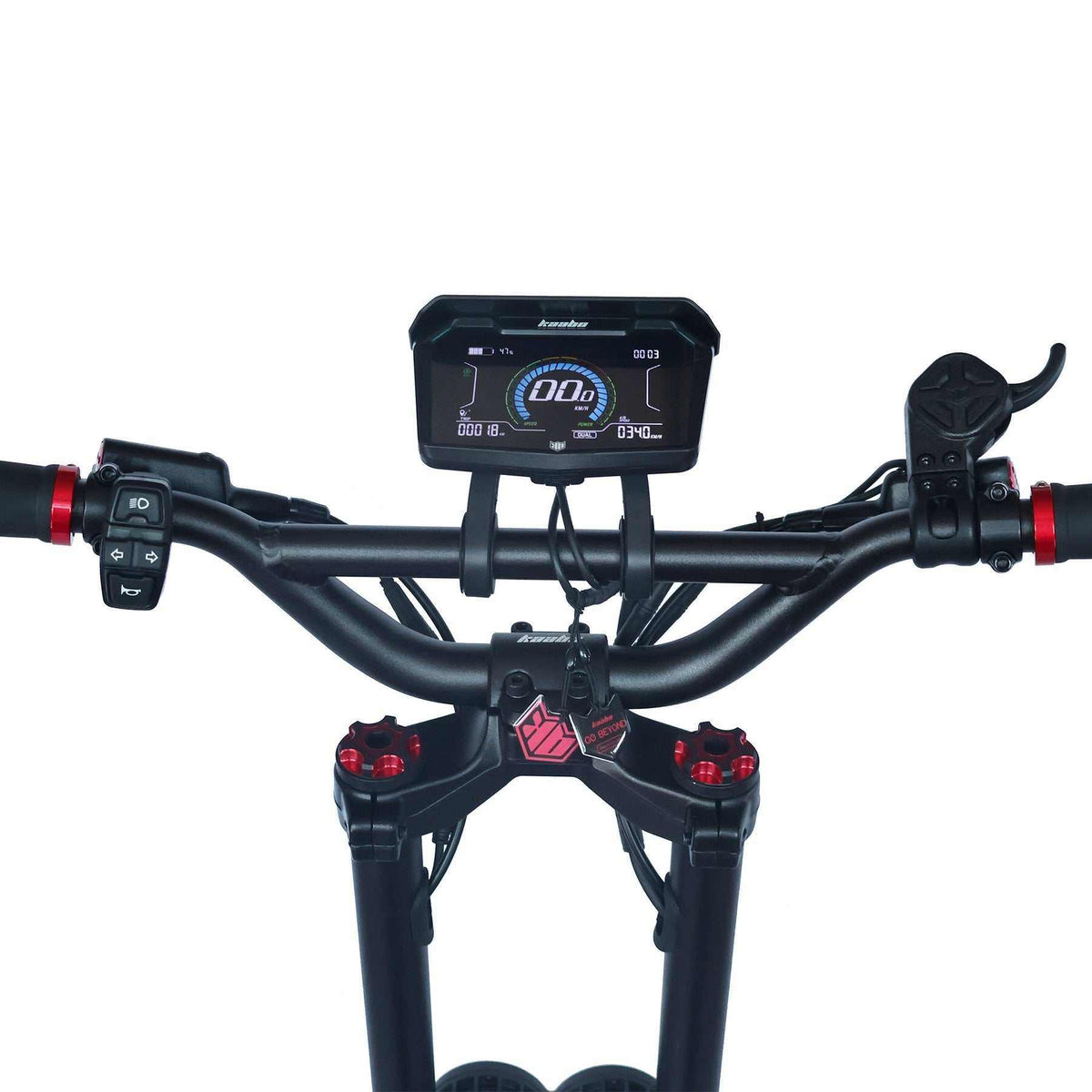Kaabo Wolf Warrior X Max electric scooter black handlebar with digital KM03 display and red accent knobs showing speed and battery info
