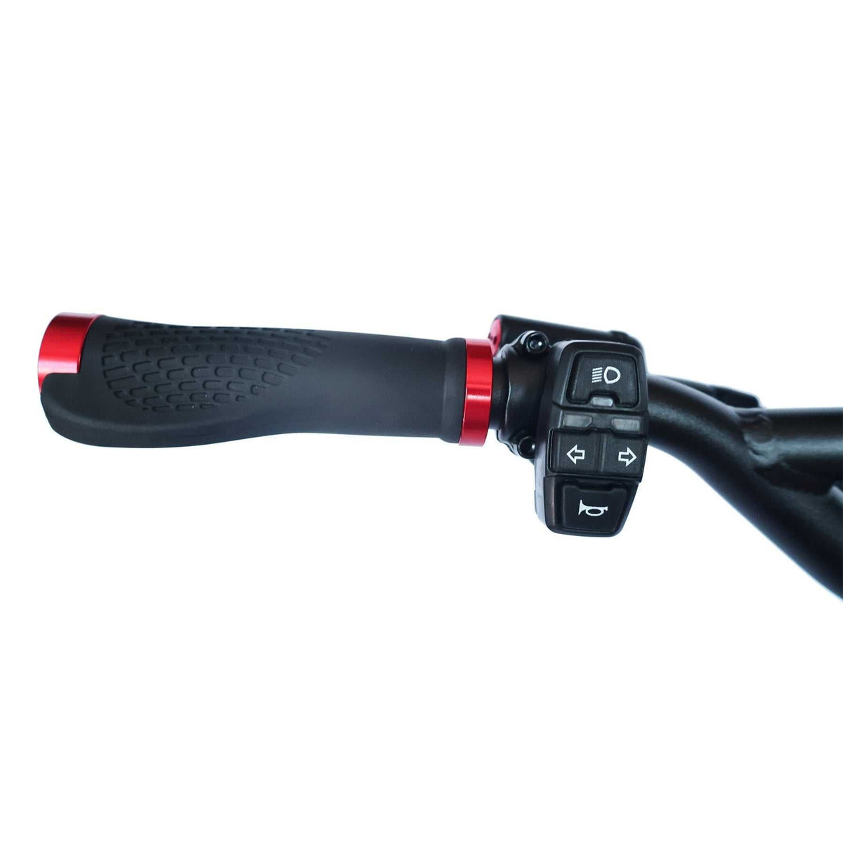 Kaabo Wolf Warrior X Max left handlebar grip in black rubber with red metallic accents and control buttons for lights, indicators, and horn