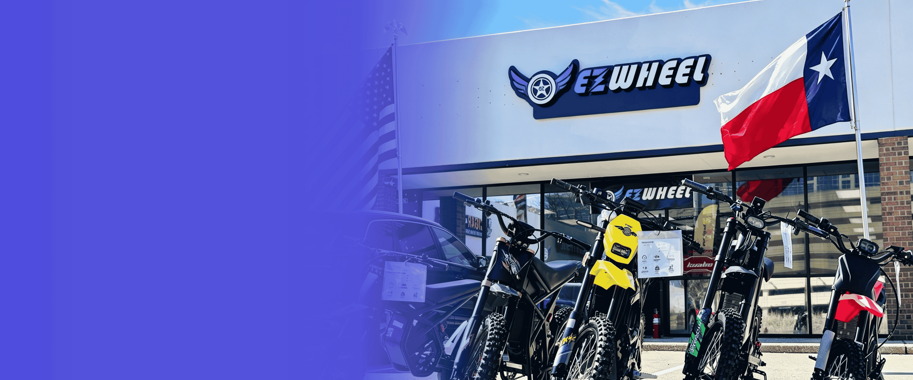 EZWheel Texas dealership banner featuring electric off-road bikes, US & Texas flags