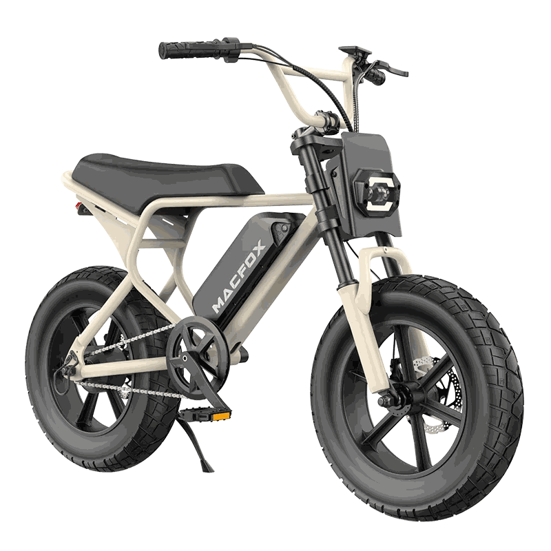 Electric bike Macfox M16 in beige with fat black tires, black seat, integrated battery, and front LED light cluster for urban riding