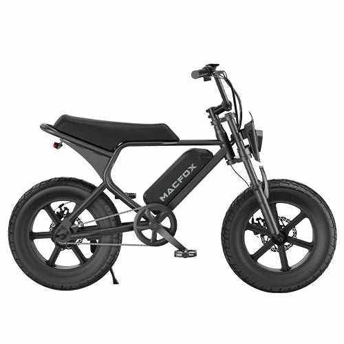 Macfox M16 electric bike in matte black with fat tires, integrated frame battery, and front suspension fork for urban riding