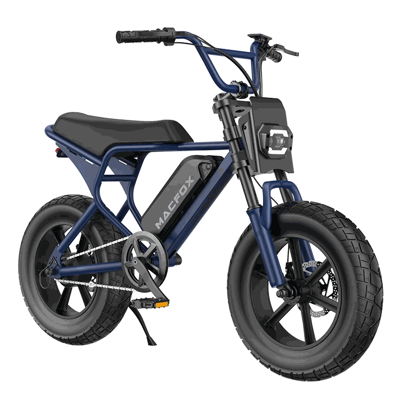 Macfox M16 electric bike with navy blue frame, black thick tires, integrated headlight, and padded black seat designed for urban commuting