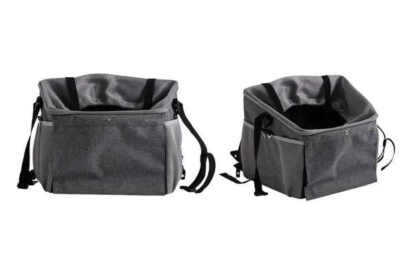 Pet Bike Basket in grey durable fabric with mesh panels and adjustable straps for secure pet transport on bikes