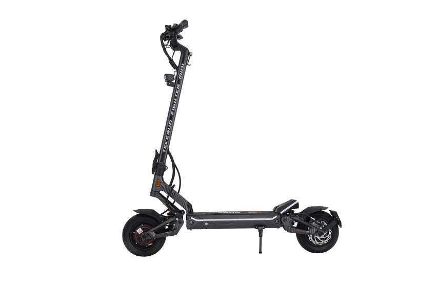 Teverun Fighter Mini Pro 2.0 electric scooter in black with dual hydraulic disc brakes and 10-inch pneumatic tires