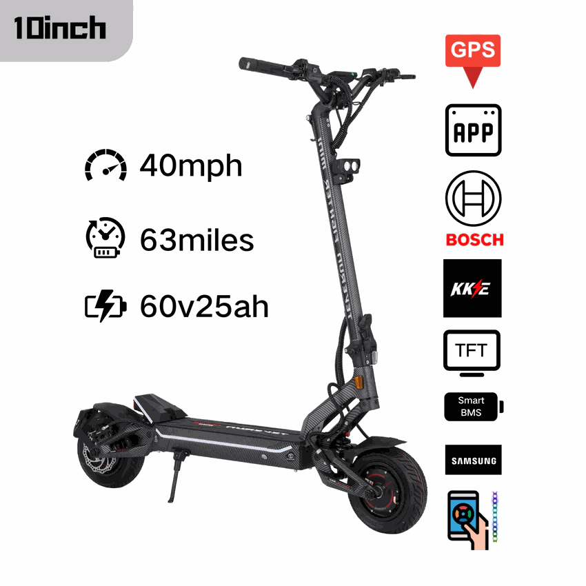Teverun Fighter Mini Pro 2.0 black electric scooter with 10-inch tires, GPS, app connectivity, and dual Bosch motors