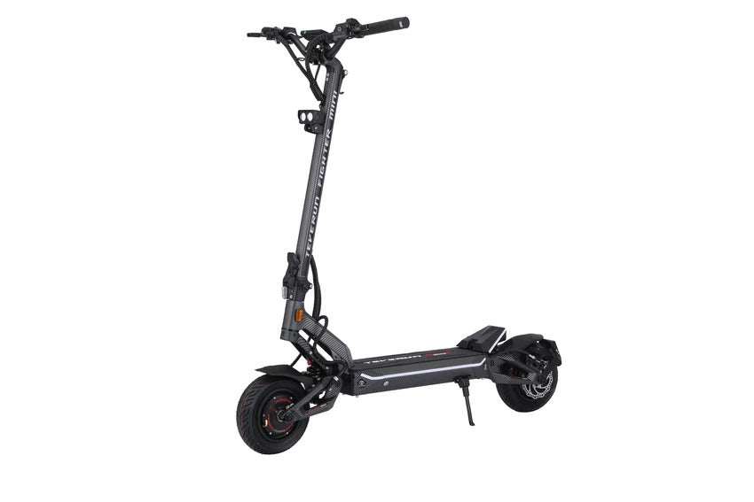 Teverun Fighter Mini Pro 2.0 black electric scooter with dual motors, hydraulic suspension, disc brakes, and tubeless tires