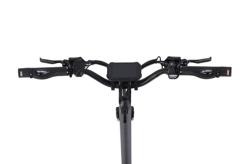 Teverun Fighter Mini Pro 2.0 black electric scooter handlebar with ergonomic grips, control buttons, and display screen