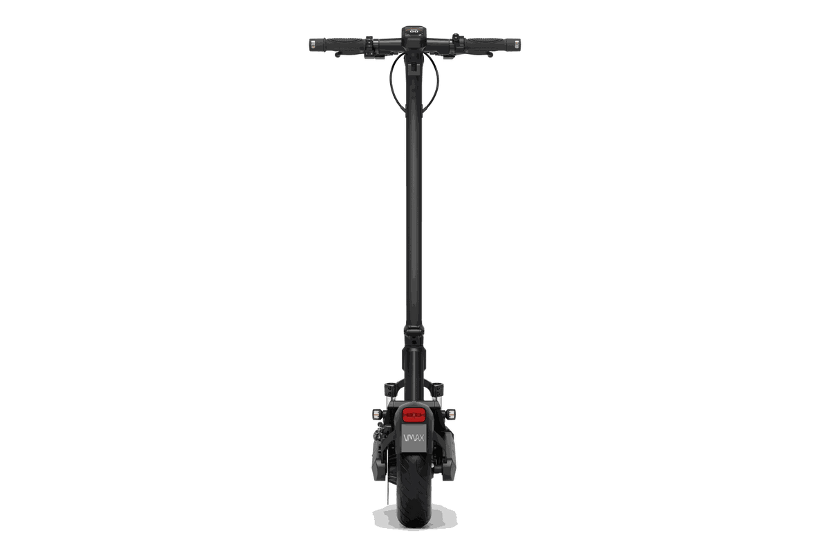 VMAX VX2 Hub black electric scooter with tubular frame, front suspension, wide tires, and LED display on handlebar