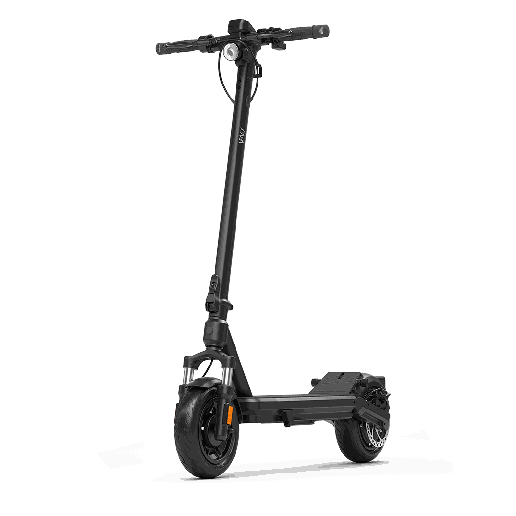Black VMAX VX2 Hub electric scooter with sturdy frame, front headlight, wide deck, and solid tires for urban commuting.