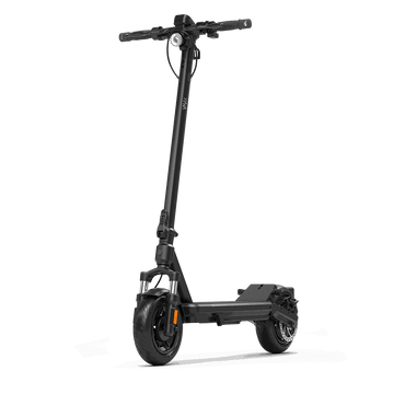Black VMAX VX2 Hub electric scooter with sturdy frame, front headlight, wide deck, and solid tires for urban commuting.