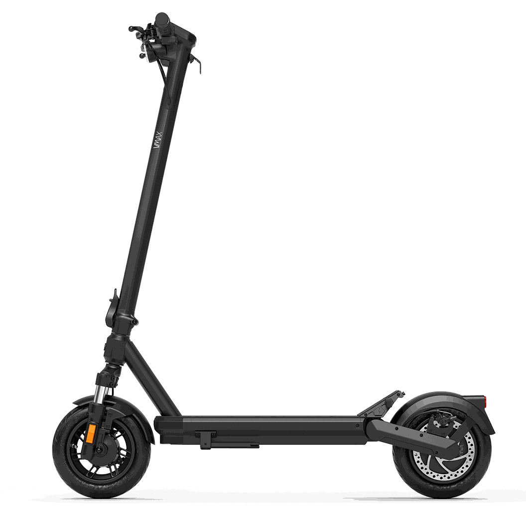 Black VMAX VX2 Hub electric scooter with sturdy frame, front headlight, wide deck, and solid tires for urban commuting.