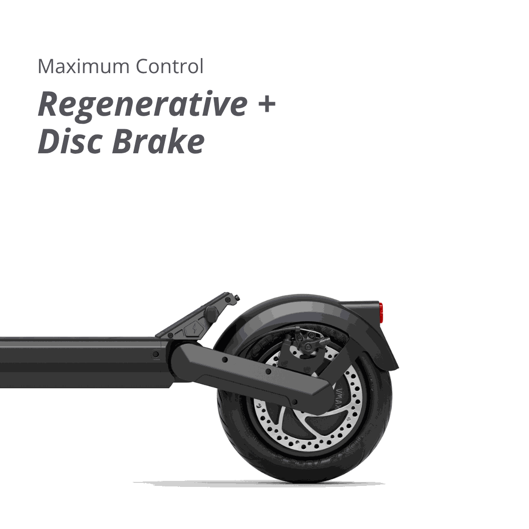VMAX VX2 Hub showing electric scooter rear wheel in black with disc brake and regenerative braking system