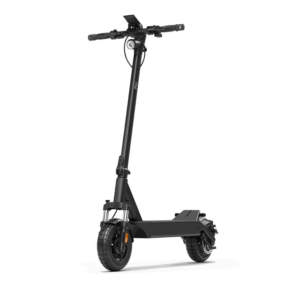 Black electric scooter VMAX VX4 with thick tread tires, sturdy frame, and front suspension for smooth rides