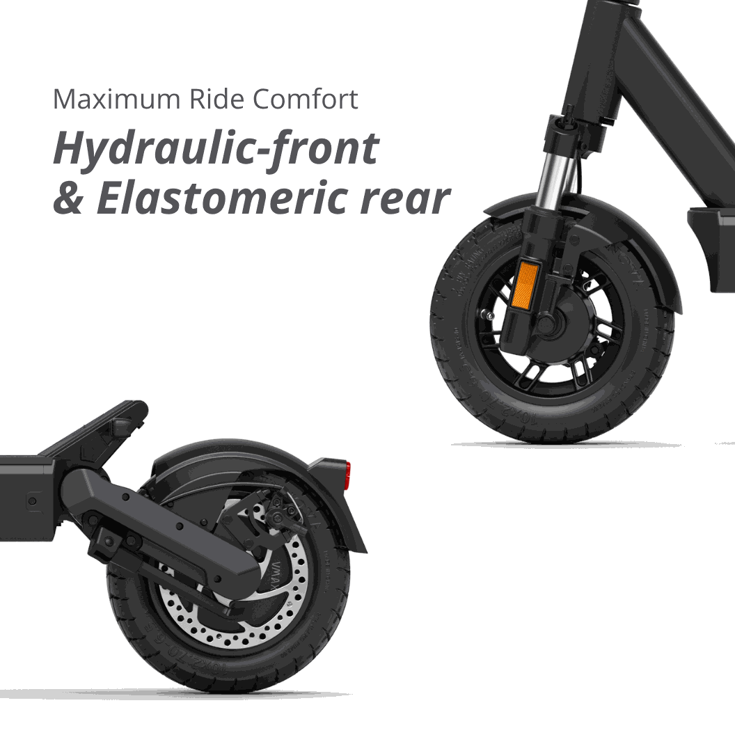 Black electric scooter VMAX VX4 with thick tread tires, sturdy frame, and front suspension for smooth rides