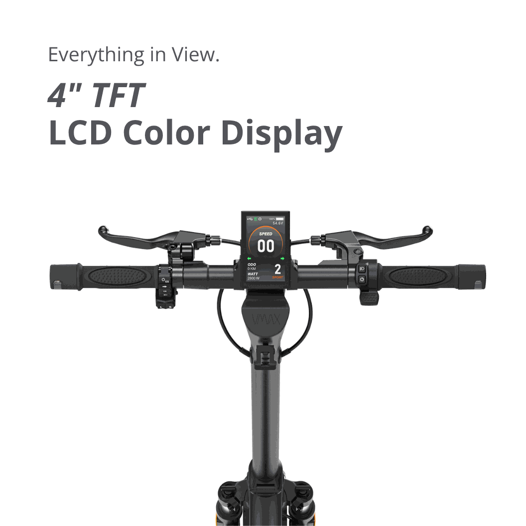 VMAX VX4 electric scooter handlebar with black grips, brake levers, and a 4-inch TFT LCD color display screen