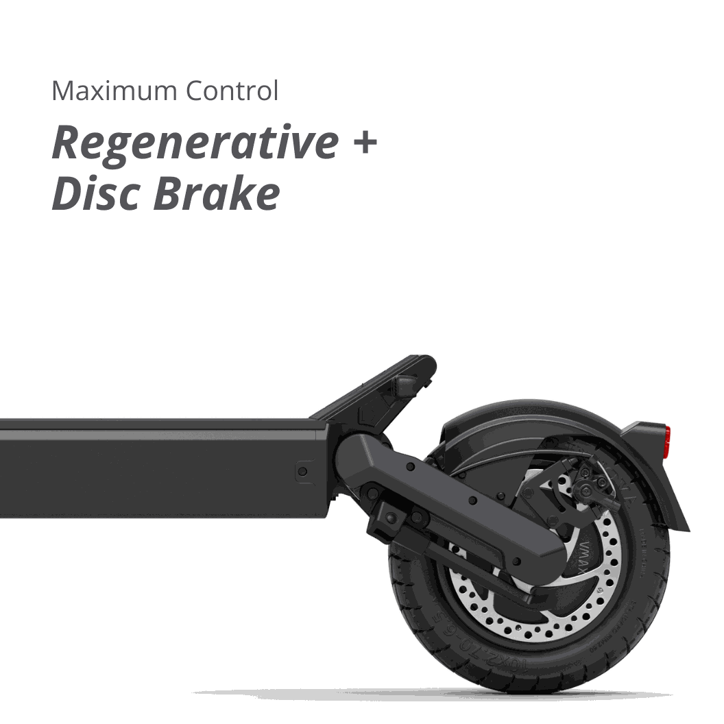 VMAX VX4 electric scooter rear close-up showing black metal frame with disc brake and tubeless tire