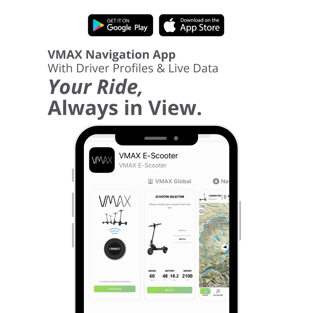 VMAX VX4 mobile app interface on smartphone displaying e-scooter selection, battery, motor stats, and map navigation