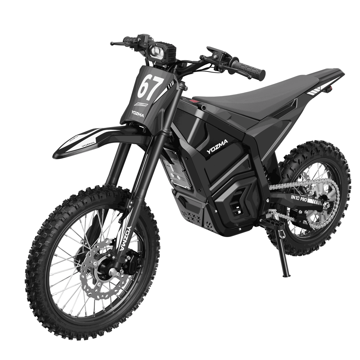 Black Yozma IN-10 Electric Dirt Bike with reinforced steel frame, knobby rubber tires, and compact off-road design