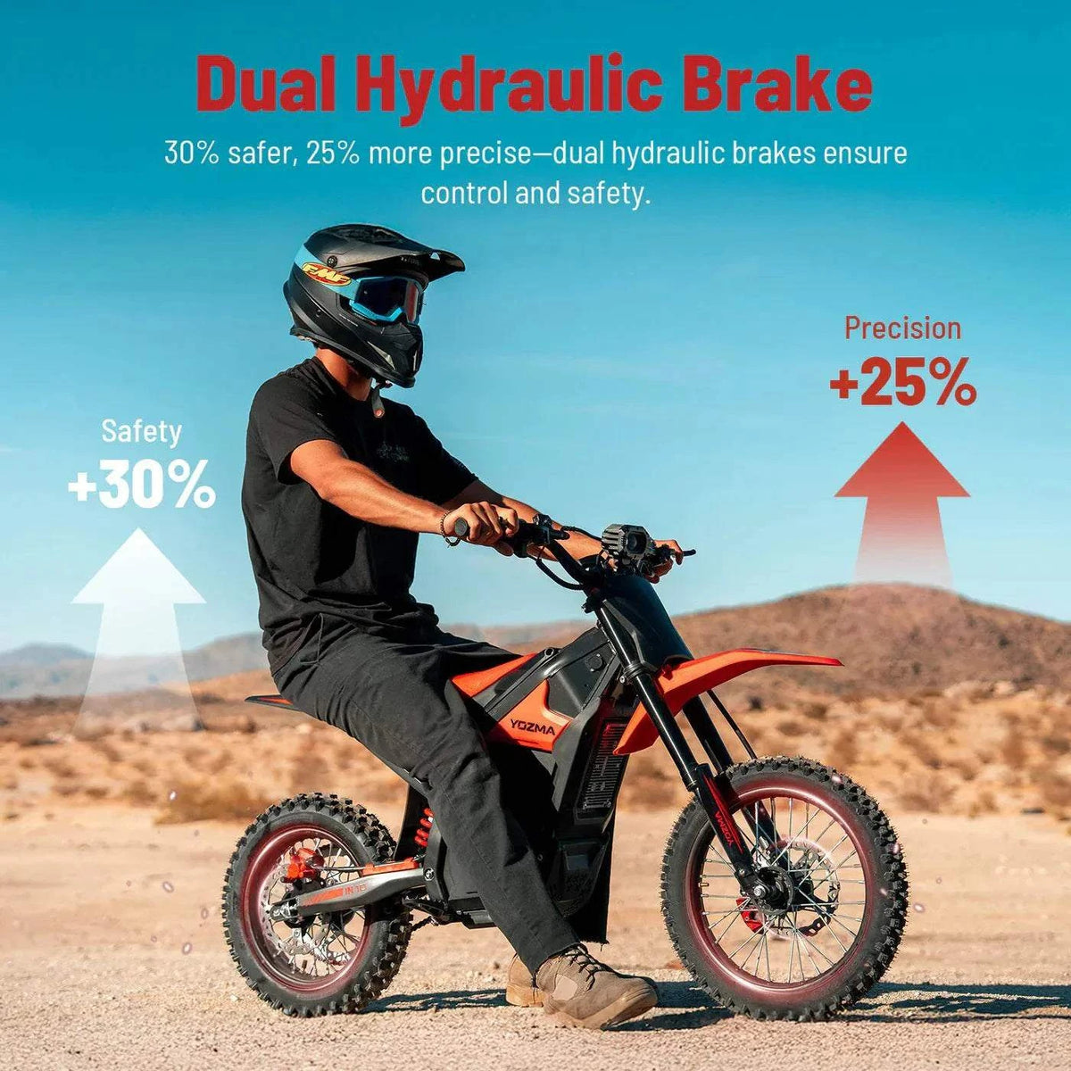 Yozma IN-10 Electric Dirt Bike in black and orange with reinforced steel frame and knobby off-road tires, featuring dual hydraulic brakes
