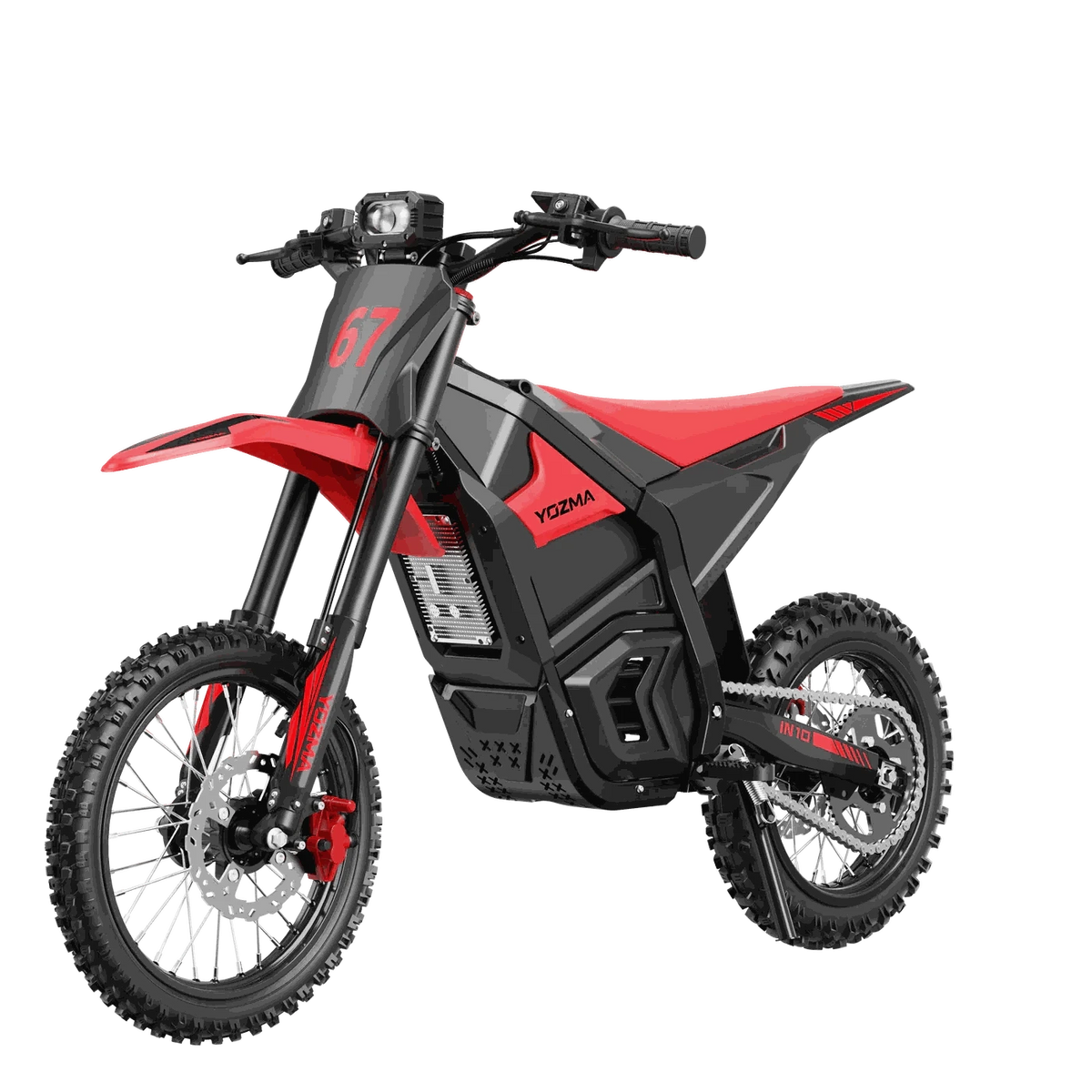 Yozma IN-10 Electric Dirt Bike in black and red with reinforced steel frame, knobby off-road tires, and front suspension