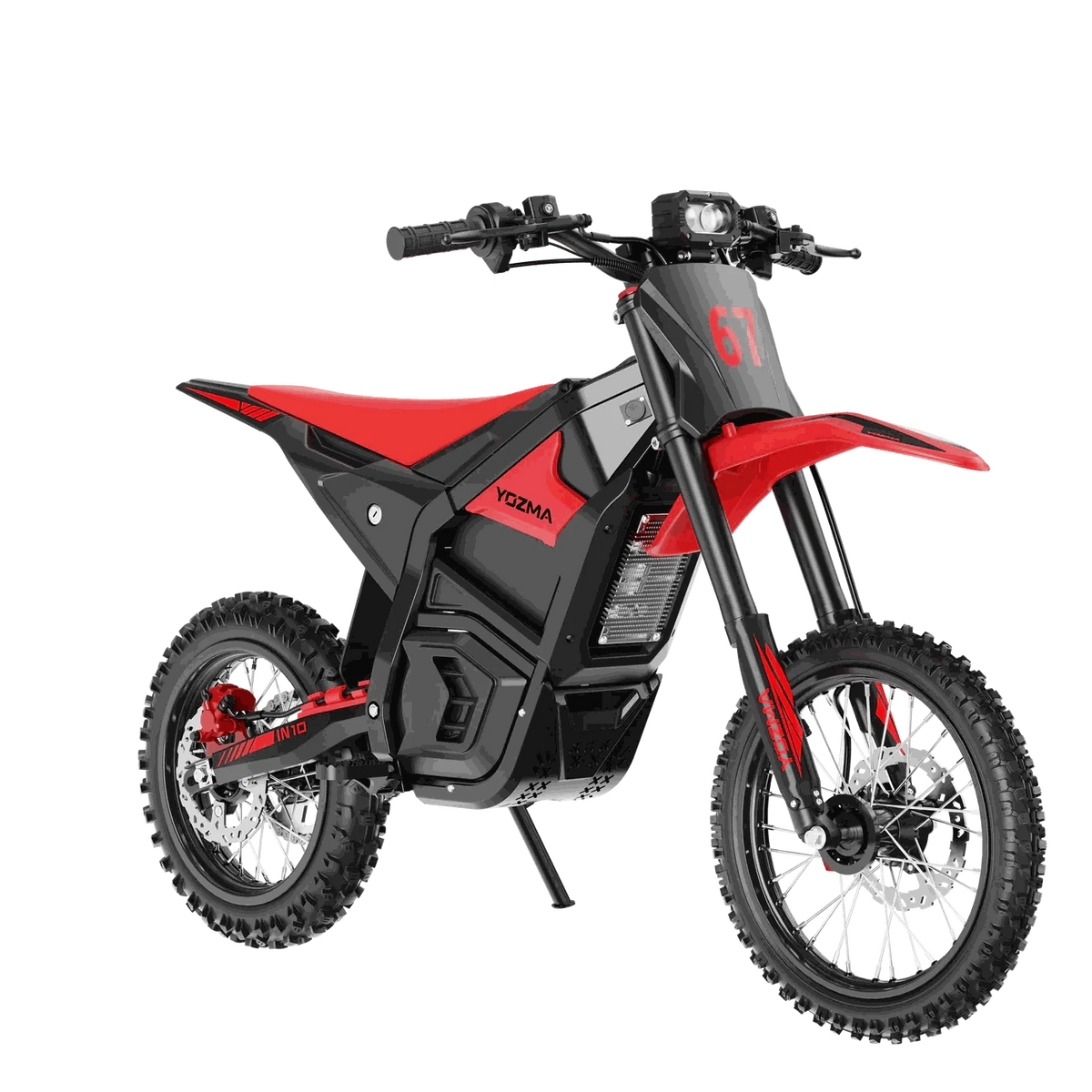 Yozma IN-10 Electric Dirt Bike in black and red with reinforced steel frame, knobby off-road tires, and compact design
